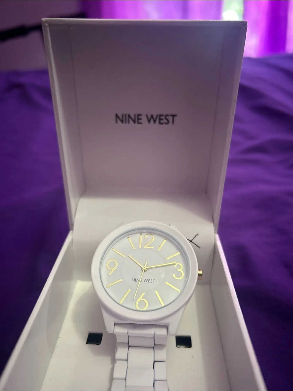 Nine West White and Gold Women's Round Link Bracelet Watch